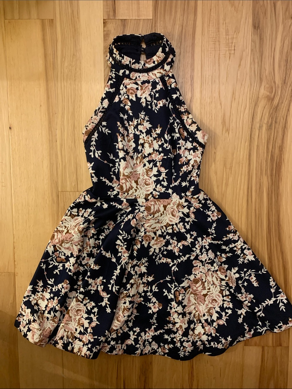 B Darlin Navy Floral Halter Dress with Blush Accents